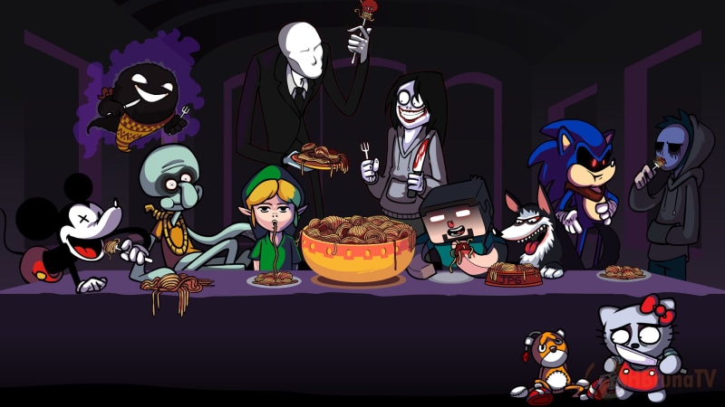 spaghetti, Minecraft, Mickey Mouse, video game characters, The Last Supper, parody, Steve, Halloween, Ghast, Link, video games, Slender Man, Hello Kitty
