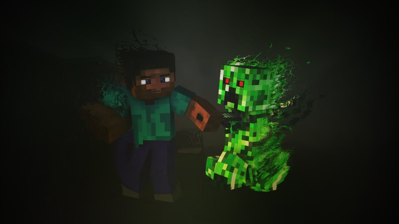 1080P, studio shot, multi colored, green color, night, domestic room, Minecraft, dark, black background, indoors, Creeper, no people, architecture, light - natural phenomenon