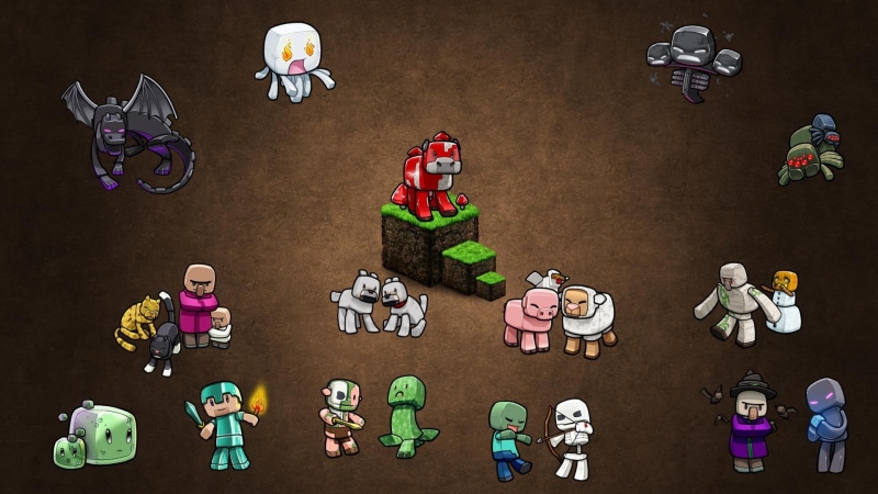 multi colored, design, studio shot, lot, skeleton, childhood, PC gaming, Steve, creeper, humor, 1080P, christmas, video games, backgrounds, indoors, brown background