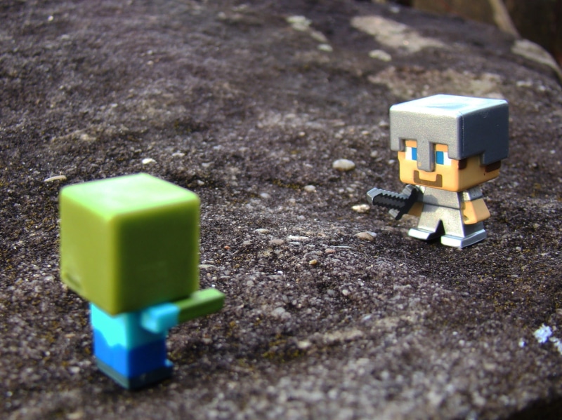 Toys, selective focus, plastic, minifigs, rock, blue, two, gray, Sword, high angle view, green color, close-up, wood - material, 1080P, Zombie, Minecraft