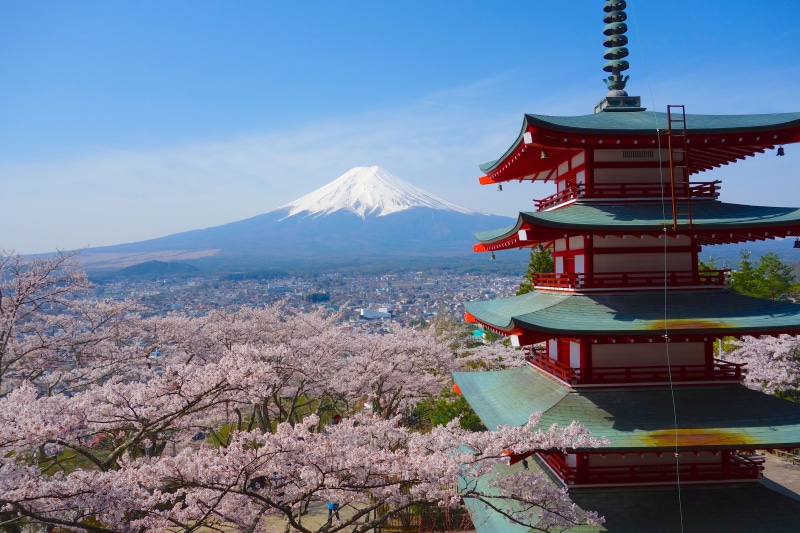 surrounded, pagoda, called, place of worship, mountain, religion, 5K, travel destinations, snowcapped mountain, building, fujisan, tree, five