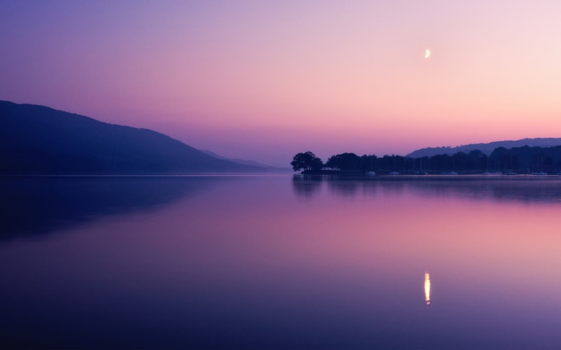 purple, nature, lake, water, crescent moon, reflection, 1080P, calm waters, sky, calm, landscape