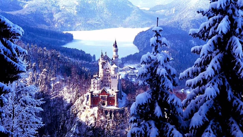 europe, bavaria, neuschwanstein, lake, castle, germany, winter, 1080P