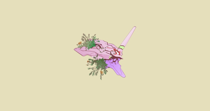 Rebuild of Evangelion, Neon Genesis Evangelion, robot, flowers, anime guns, Evangelion Unit-01, 4K, minimalism