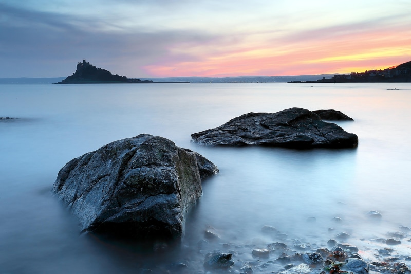 sunset, water  sky, landscape, bodies, rocks, rock fragment, fragment, rock, Stillness, beach, seascape, coast, Cornwall, nature, clouds, 2K, two, brown