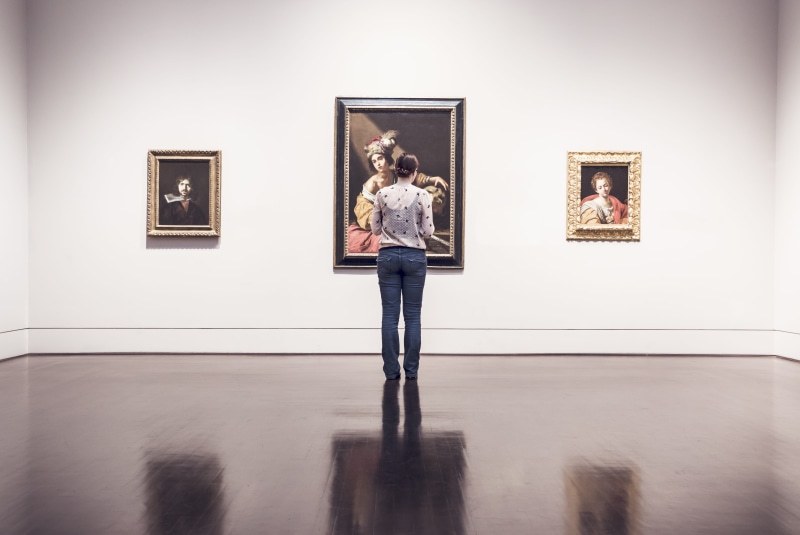 hardwood, museum, standing, paintings, painting, floor, mounted, front view, looking, art museum, front, people, wall, casual clothing, art gallery, exhibition