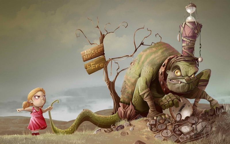 figurine, nature, trees, themed, creativity, plant, humor, male likeness, people, female likeness, clocks, tail, monster, green, digital composite, representation