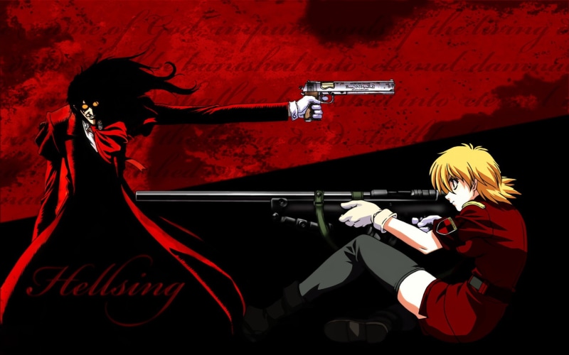Alucard, Hellsing, occupation, communication, Seras Victoria, standing, real people, 1080P, side view, pistol, lifestyles, leisure activity, adult, red