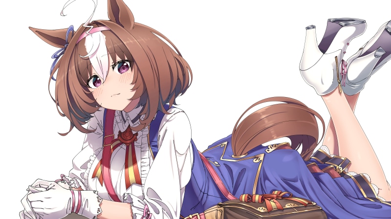 bicolored hair, lying on front, simple background, animal ears, white high heels, anime girls, ahoge, white gloves, legs up, Uma Musume Pretty Derby, artwork