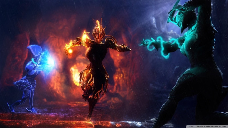 video games, stage, motion, 1080P, dancing, Ember (Warframe), multi colored, Warframe, event, music, nightlife, flame, Banshee (Warframe), people, illustration