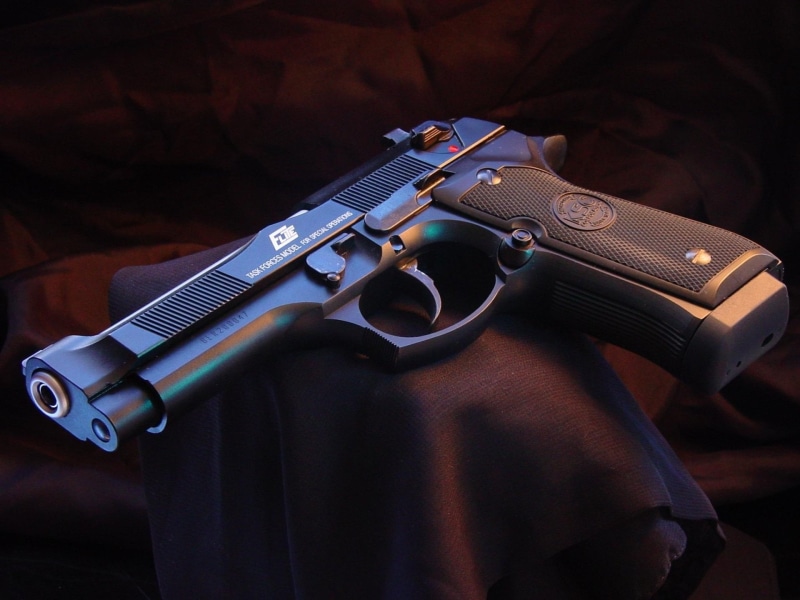 protection, safety, semi, automatic, silver, social issues, sign, aggression, weapon, warning sign, law, indoors, Weapons, retail, no people, Beretta Elite Pistol