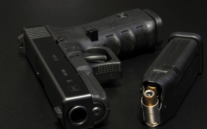 technology, semi, push button, equipment, camera - Photographic Equipment, black, high angle view, gun, close-up, music, communication, studio shot, semi-Automatic Pistol
