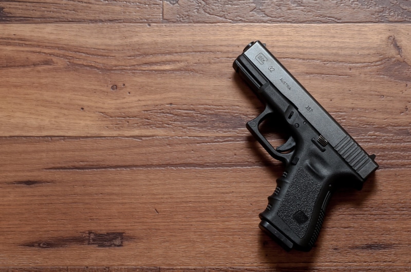 weapons, communication, Glock 32, semi, brown, wood - material, aggression, automatic, no people, 1080P, indoors, self-loading, weapon, still life, pistol