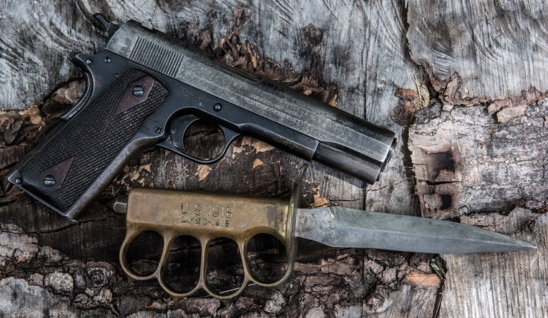 old, the past, no people, knife, weapons, high angle view, model, 1080P, handgun, trench, semi, M1911, safety, close-up, security, protection, deterioration