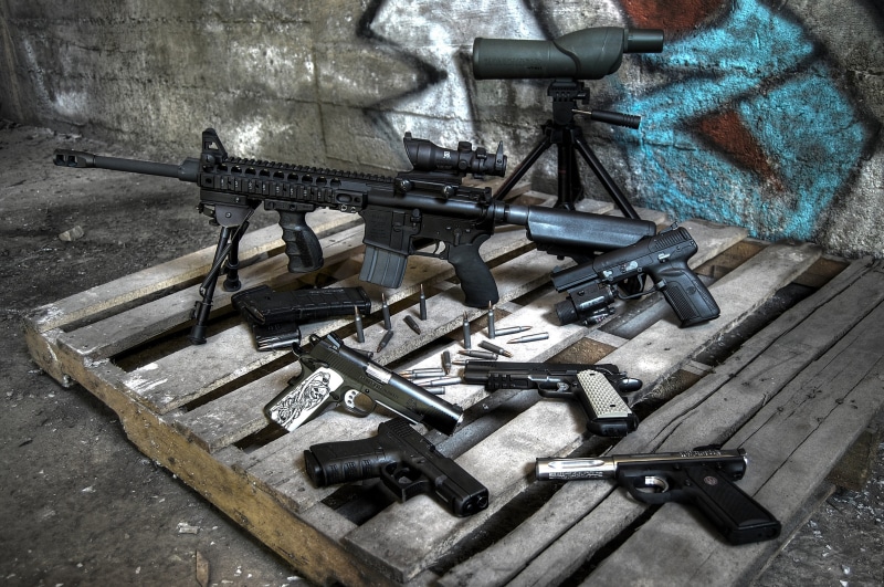 hammer, guns, cartridges, assault, automatic, equipment, indoors, high angle view, semi, table, choice, no people, old, pistols, variation, day, rifle