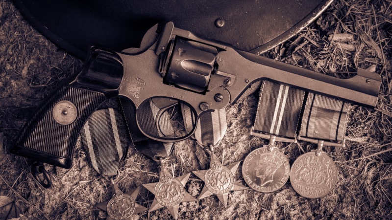 brown, wood - material, weapon, black, Webley Revolver, gray, still life, gun, security, choice, nature, 1080P, high angle view, indoors, protection, revolver