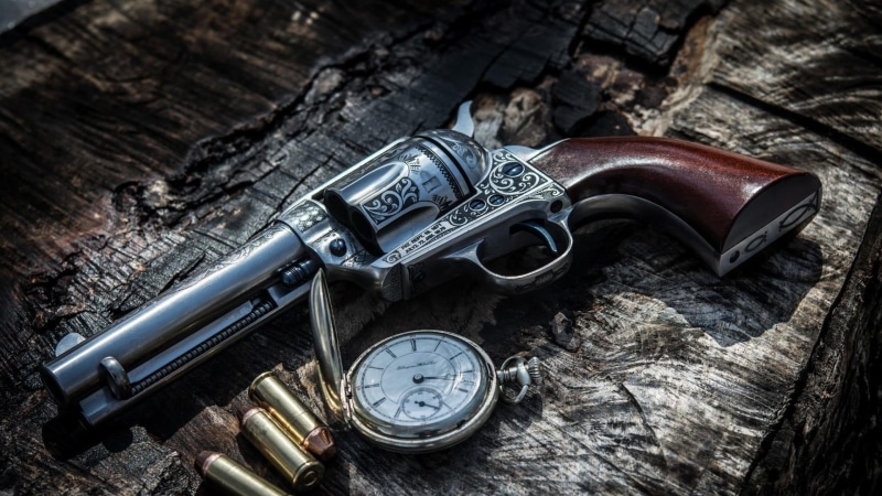 old, day, pistol, time, firearm, indoors, revolver, wood - material, high angle view, personal accessory, metal, the past, weapon, clock, 1080P, aggression