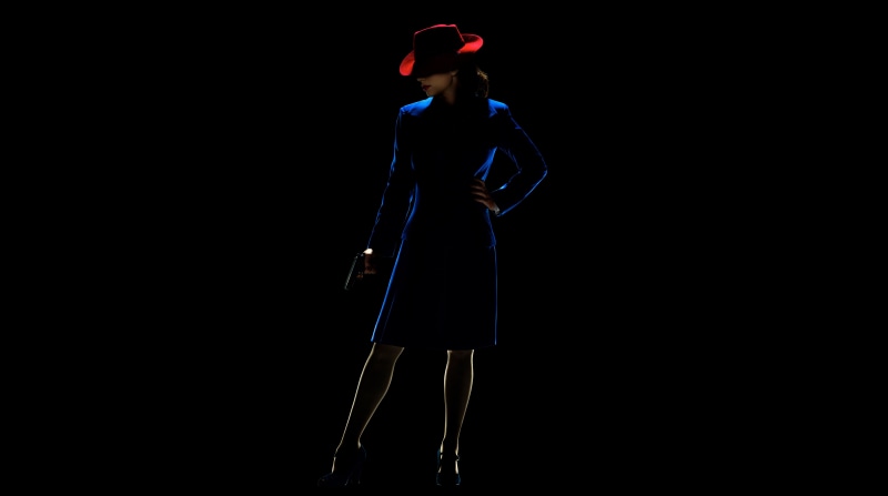 indoors, television series, blue, Hayley Atwell, 2015, black background, stage, women, sport, lifestyles, agent, standing, clothing, copy space, Other Movies