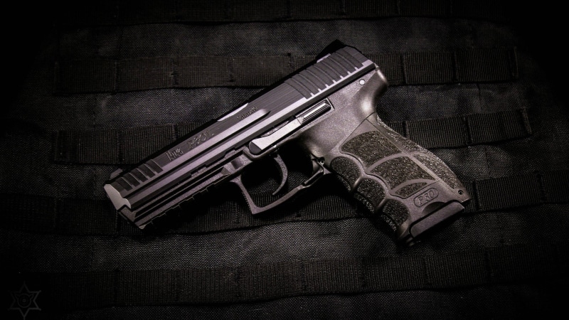 indoors, threats, P30L, 2K, warning sign, single object, weapon, violence, gun, sign, bullet, Heckler and Koch, high angle view, communication, crime