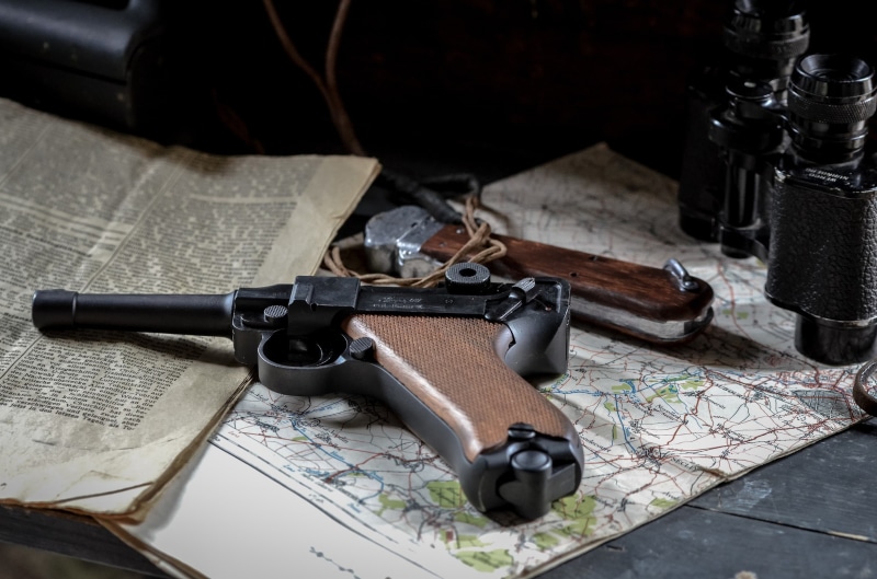map, Luger, binoculars, newspaper, black, gun, brown, Parabellum, pistol, P08, 1080P, lugger