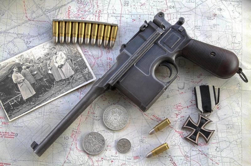 nostalgia, studio shot, directly above, still life, the past, crime, Mauser C96, group of objects, handgun, concepts, weapons, weapon, 4K, no People, gun