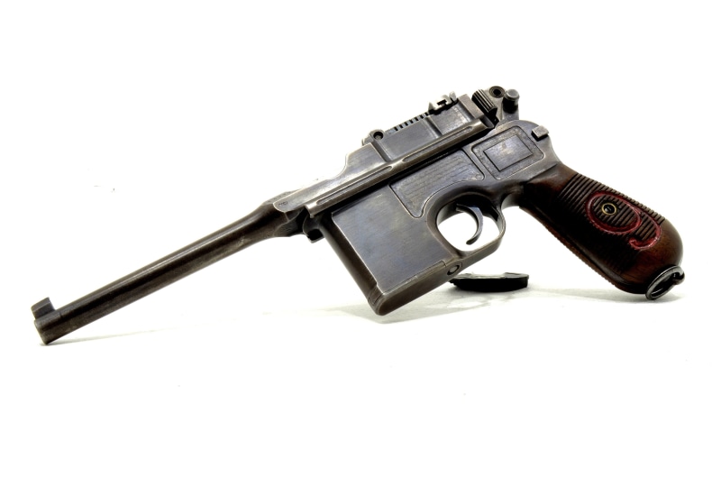 white background, store, no people, violence, brown, Mauser C96, copy space, close-up, still life, " Mauser", gun, crime, handgun, sign, aggression, risk