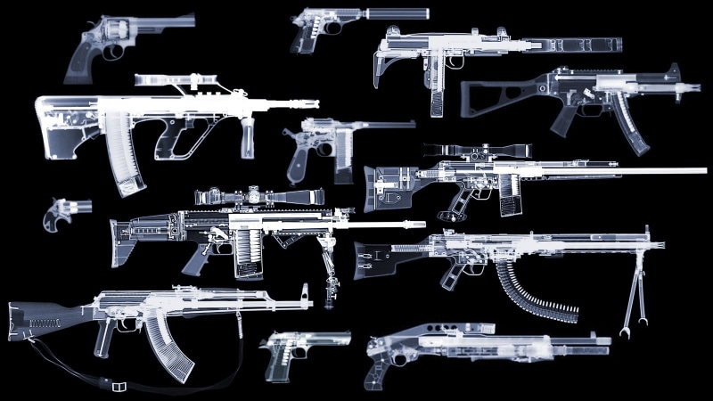 hk ump, FN SCAR, 1600x900 px, Steyr AUG, deringer, rays, x, AKM, walther ppk, desert eagle, Rifles, heckler koch, mauser c96, 720P, franchi, Uzi, smith wesson
