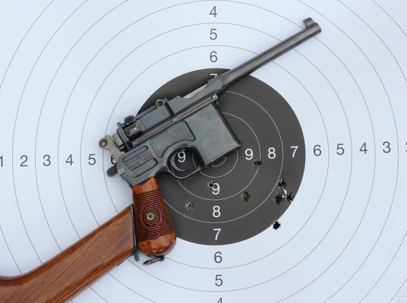 holes., target, pistol, aim, 4K, target gun, performance, Mauser C-96, metal, bullet, gun, red nine, wood