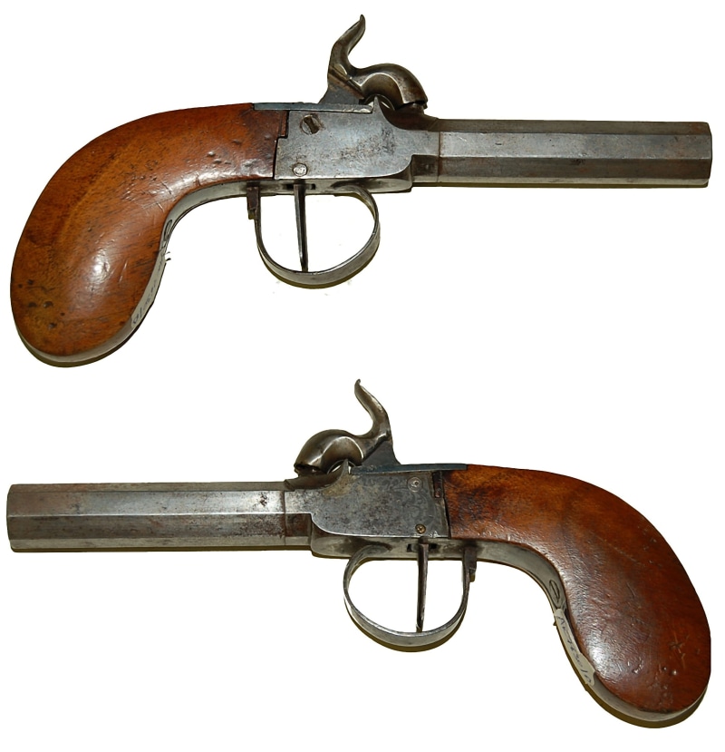 weapon, history, gun, cut out, dueling pistol, vintage, communication, safety, close-up, studio shot, 18th century, still life, indoors, two views, Duel