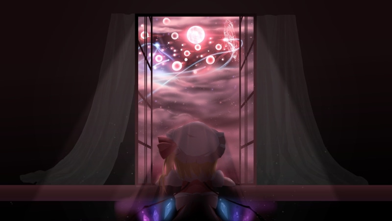 creativity, indoors, transparent, female likeness, Flandre Scarlet, no people, illuminated, window, red, glass, representation, close-up, curtain, 1080P