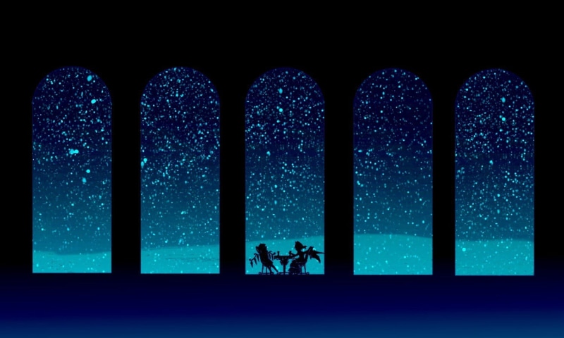 star - space, outdoors, 720P, silhouette, women, emotion, sky, love, snowing, Remilia Scarlet, togetherness, blue, illuminated, Flandre Scarlet