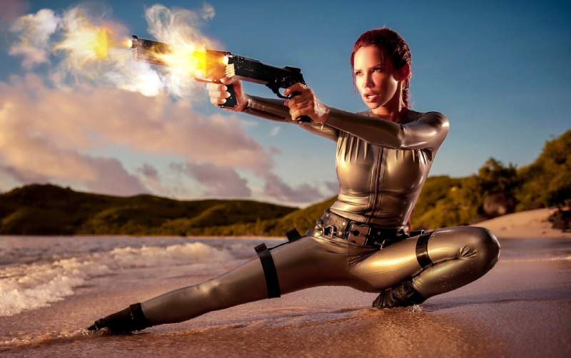 beauty, weapon, look, water, voltage, pistols, women, shooting, shore, adult, sunlight, the sky, lifestyles, redhead, one person, hairstyle