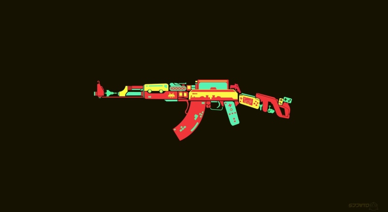 picture, toy, game, lighting equipment, illuminated, studio shot, ak, teal, black background, rifle, illustration, design, assault, weapon, light - natural phenomenon