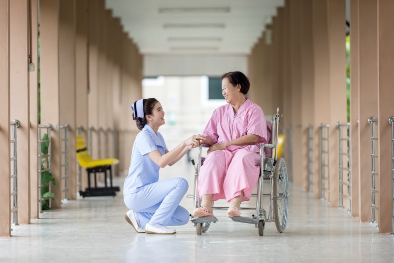 women, two people, hospital, medical equipment, arcade, patient, togetherness, doctor, activity, indoors, care, 1080P, human, scrubs, healthcare and medicine