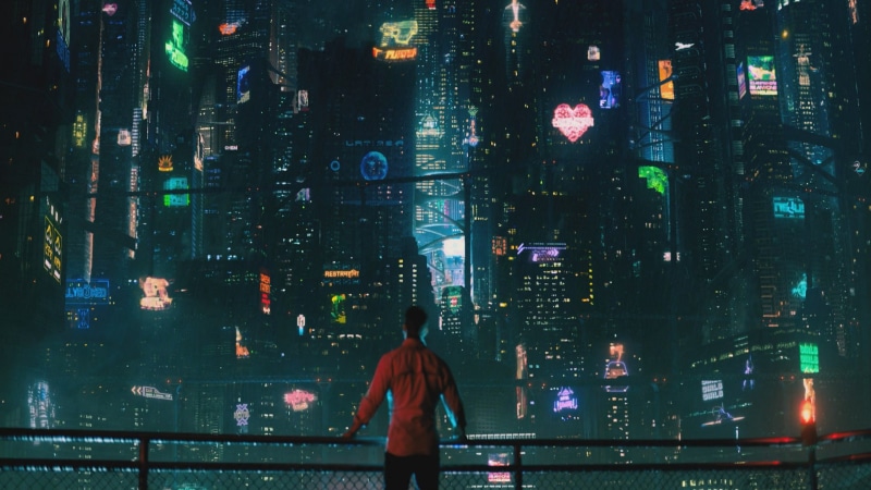 city life, street, illuminated, communication, built structure, building exterior, outdoors, standing, rear view, Altered Carbon, lifestyles, real people
