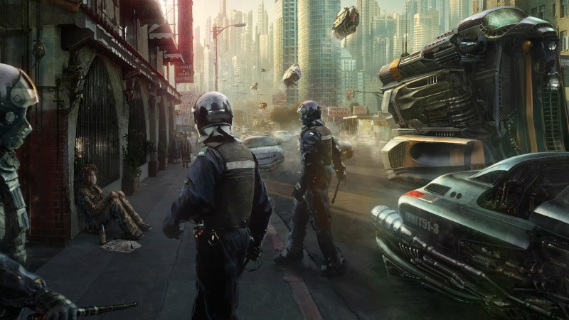 futuristic city, standing, architecture, security, real people, cyberpunk, motor vehicle, helmet, men, artwork, protection, outdoors, futuristic, people