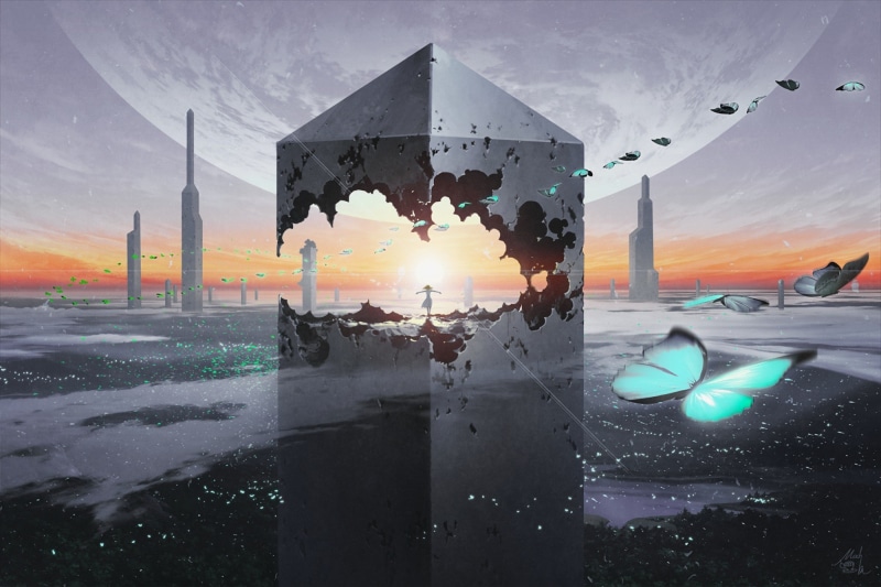 cityscape, clouds, Technoheart, Moon, waifu2x, skyline, 1080P, butterfly, sunset, skyscraper