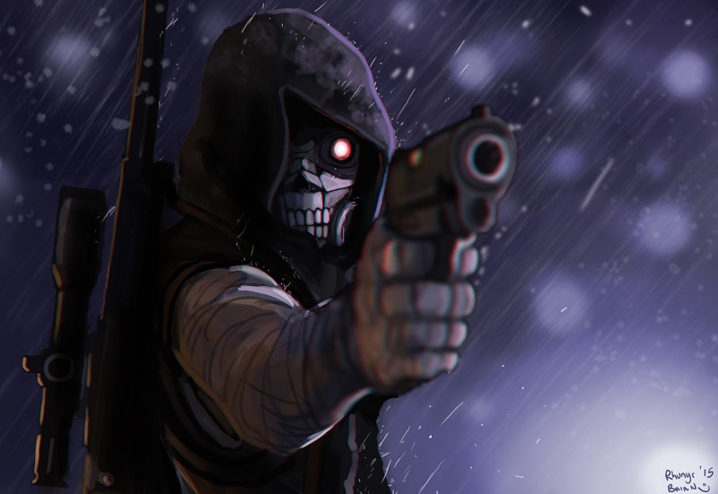 Sword Art Online, Death Gun (Sword Art Online), art, digital, coffin, 1080P, member, hanging, online, Sword Art Online II, sword