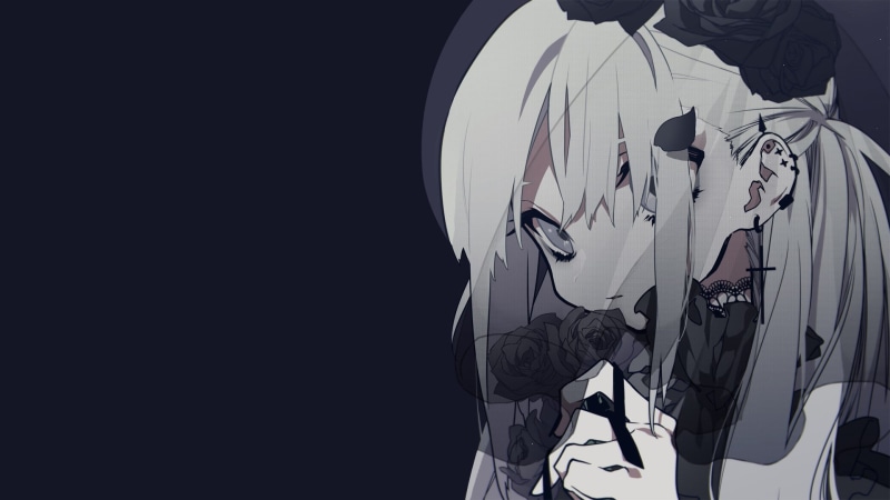white hair, anime, gray hair, blue background, gloomy, lolita, lolita fashion, anime girls, gothic lolita, 1080P, simple background, Gothic, manga