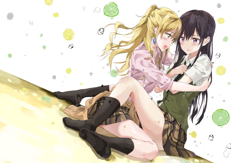 green, kneehighs, konachan, tears, fruit, purple, food, 2K, long, seifuku, hair, com, blonde, mei, 261703, skirt, black, aihara, 2girls, blush, tagme
