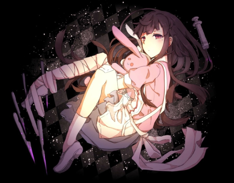 kneehighs, mikan, skirt, aporo, eyes, hair, dangan ronpa, 720P, apron, tsumiki, bandage, red, gensou, long, brown, bunny