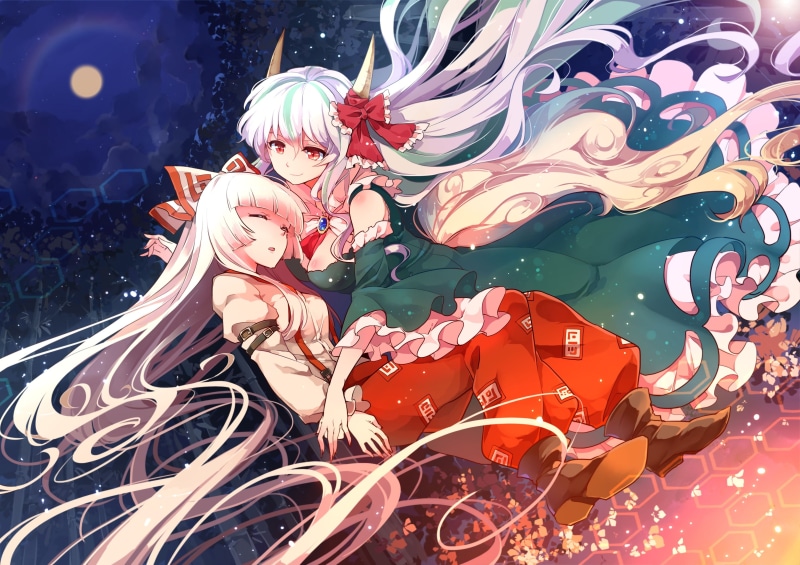 white, dress, eyes, sleeping, bow, hair, kamishirasawa, 2girls, moon, keine, long, red, skirt, horns, 2K, touhou, 247106, com, fujiwara, konachan, mokou