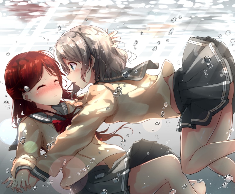 riko, red, skirt, sitting, blue, watanabe, water, real people, gray, child, short, 2girls, sakurauchi, human representation, (artist), seifuku, 263398