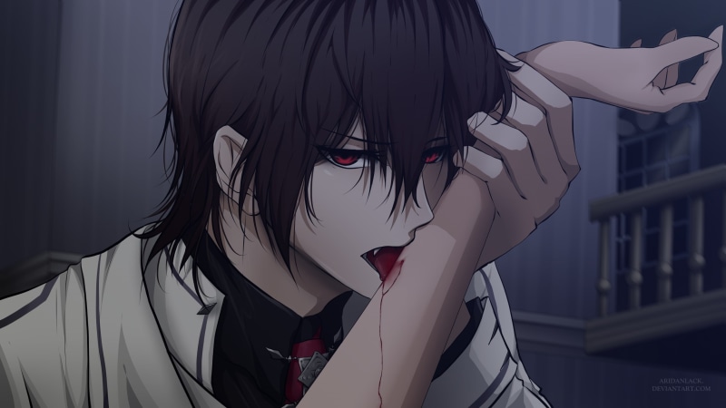 aridan, eyes, black, fang, konachan, watermark, kaname, blood, knight, red, com, vampire, short, 255017, hair, male, 2K, kuran, dark, seifuku, brown