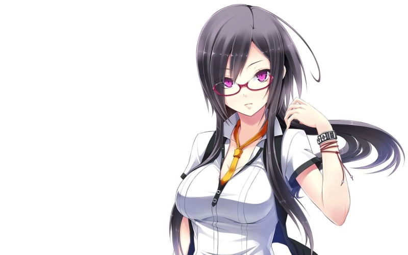 uniform, schoolgirl uniform, beautiful woman, red glasses, tie, glasses, cut out, anime girls, white shirt, fashion, anime, long hair, young women, 720P