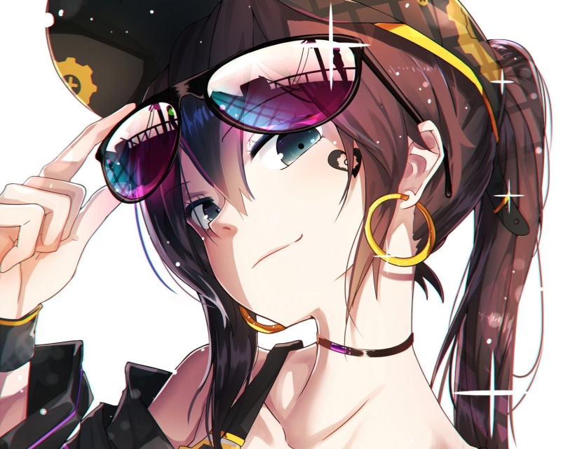 sunglasses, Bai Yemeng, brown, blue eyes, choker, ponytail, tattoo, 720P, long hair, Tian Ling Qian Ye, hat