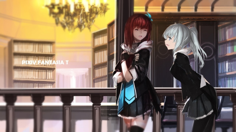 Pixiv Fantasia T, young women, 720P, people, three quarter length, railing, side view, lifestyles, anime girls, two people, beautiful woman, indoors, hairstyle