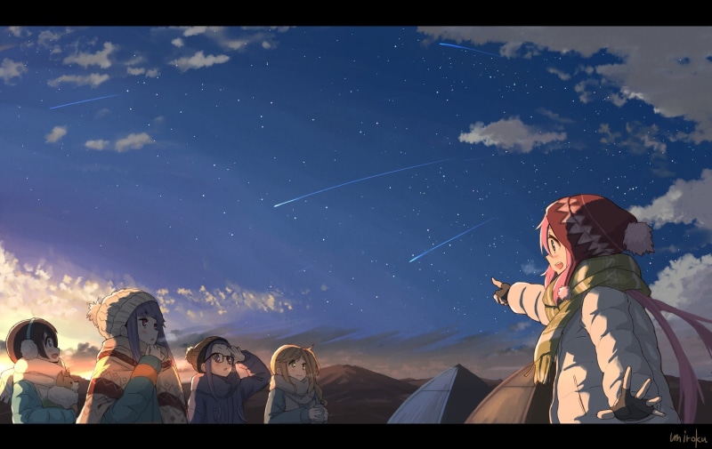 anime, glasses, low angle view, outdoors, transfer print, digital composite, Aoi Inuyama, astronomy, anime girls, landscape, people, leisure activity, auto post production filter