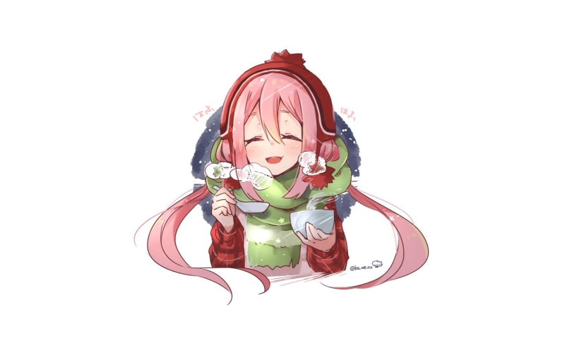 figurine, art and craft, still life, white background, food, cut out, celebration, studio shot, simple background, male likeness, Yuru Camp, Nadeshiko Kagamihara