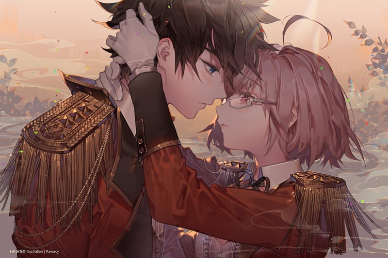 waifu2x, 256613, 720P, hair, gloves, pink, male, blush, short, kawacy, watermark, fate, glasses, konachan, uniform, aqua, eyes, military, brown, (series)
